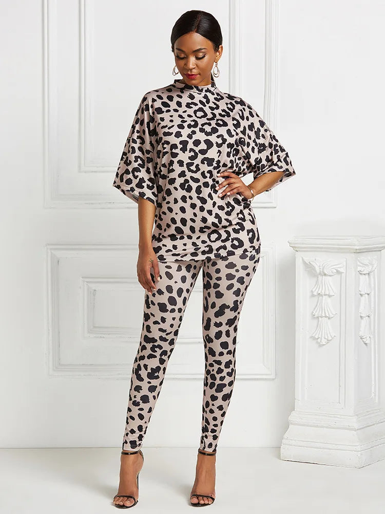 Leopard print Women Office Two Piece Set Short Sleeve Tracksuit and Long Pants Set Outfits Conjunto Feminino