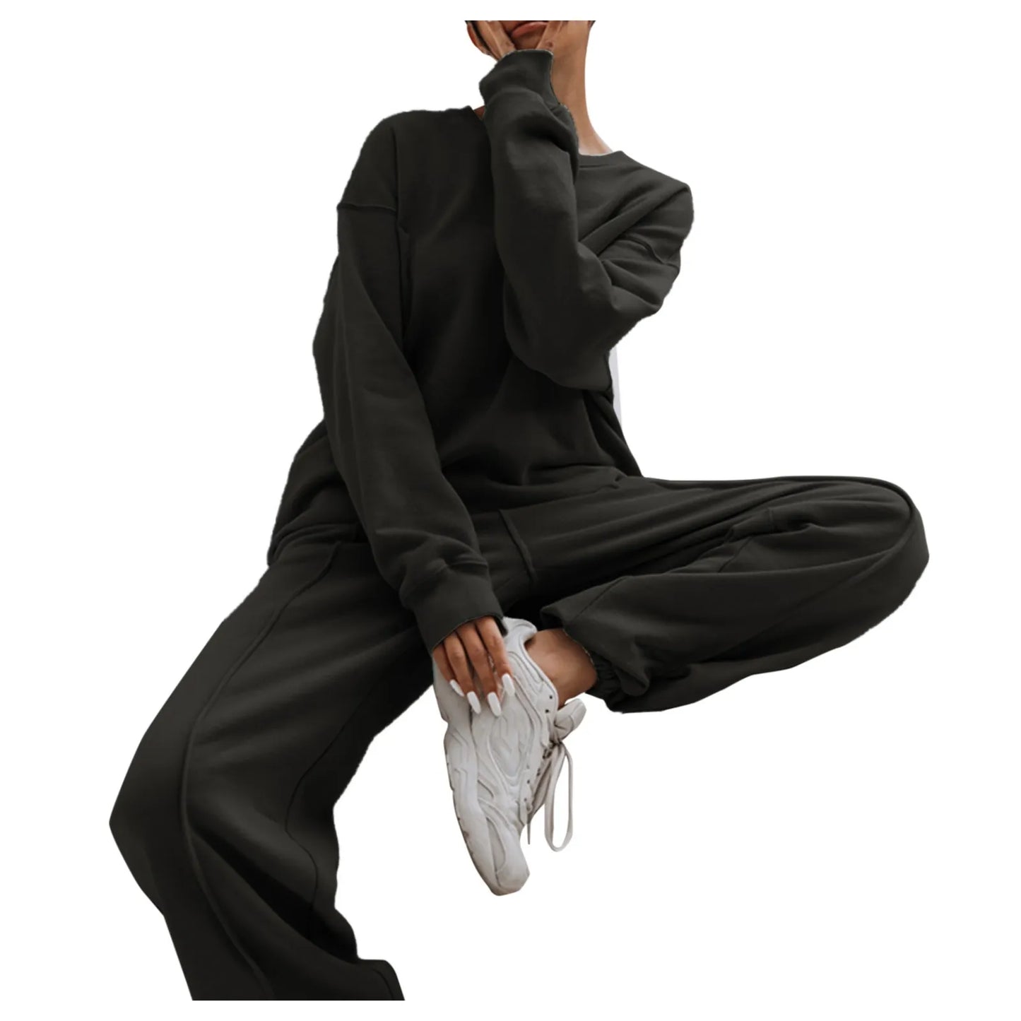 Women Two Piece Loose Sports Solid Loungewear Suits Spring Autumn O-Neck Full Sleeve Casual Ladies Sets Elastic Waist Streetwear