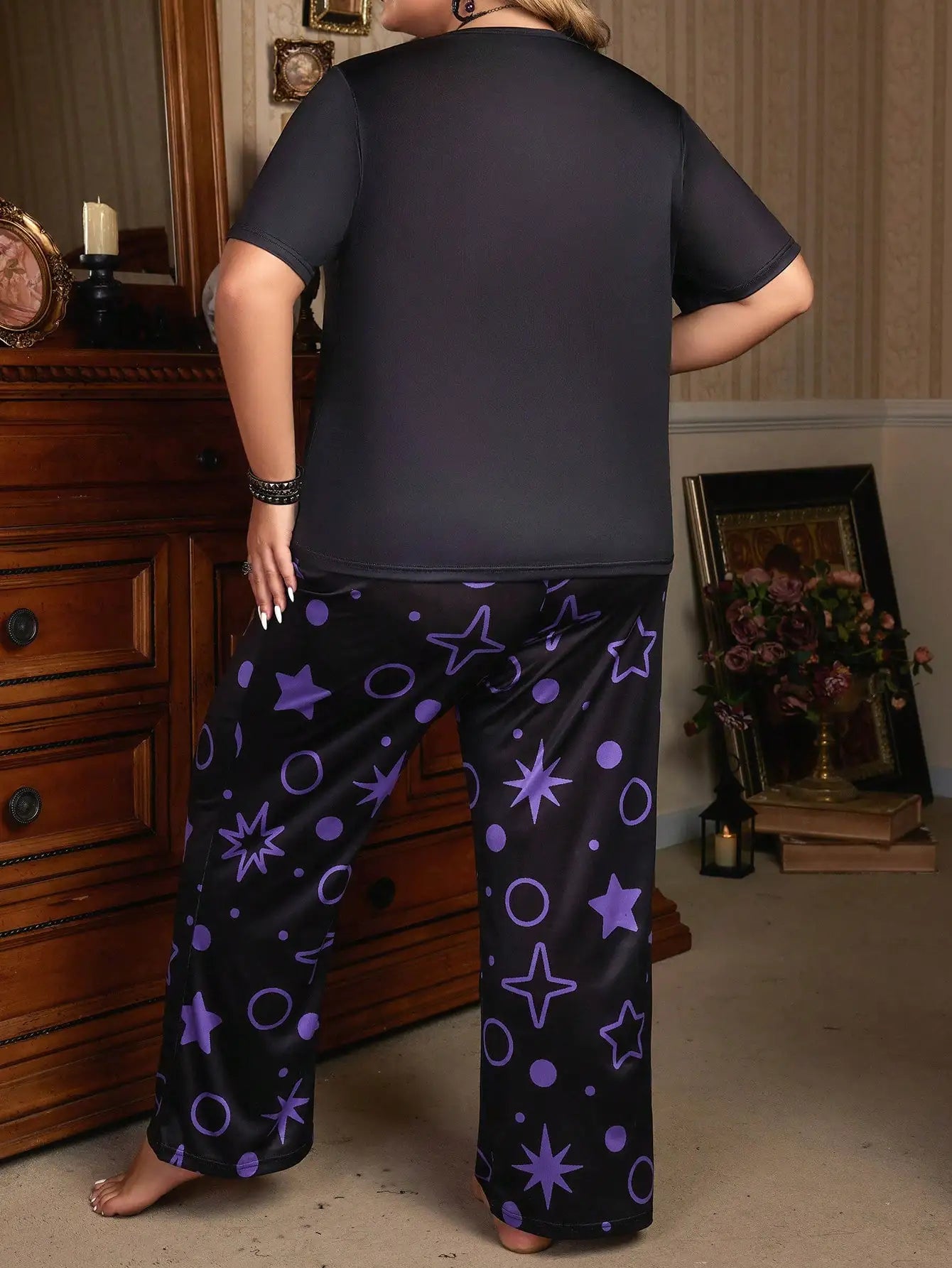 Large size women's pajama set casual loose star moon printed short sleeved long pants home clothing 2-piece set