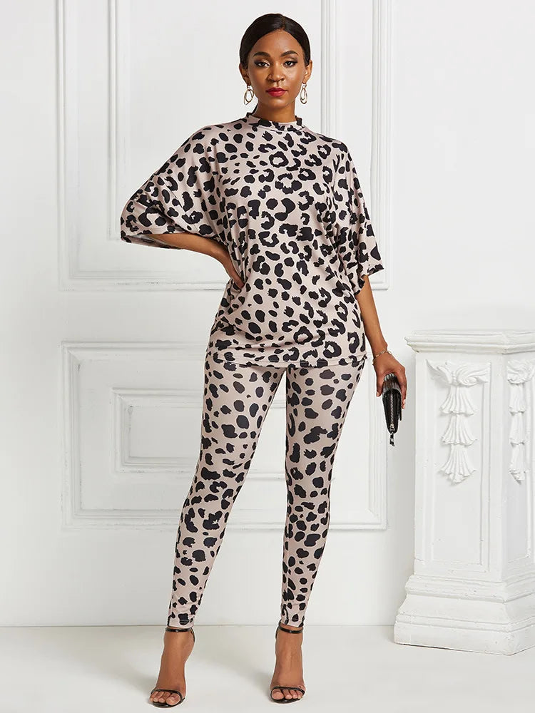 Leopard print Women Office Two Piece Set Short Sleeve Tracksuit and Long Pants Set Outfits Conjunto Feminino