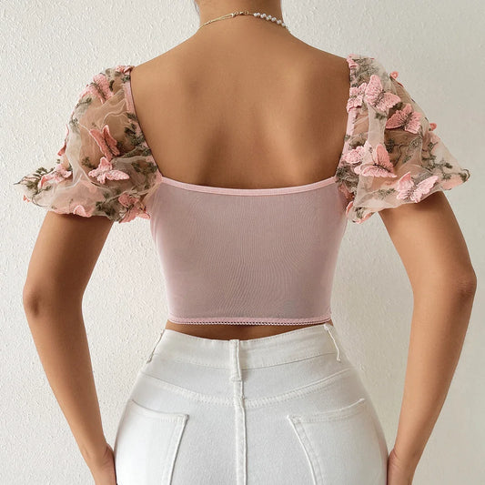 Rin Confa Summer Black Sexy Lace Hollow Women Backless Blouse,Y2K Street Style Puff Sleeve Embroidery Purple Crop Top