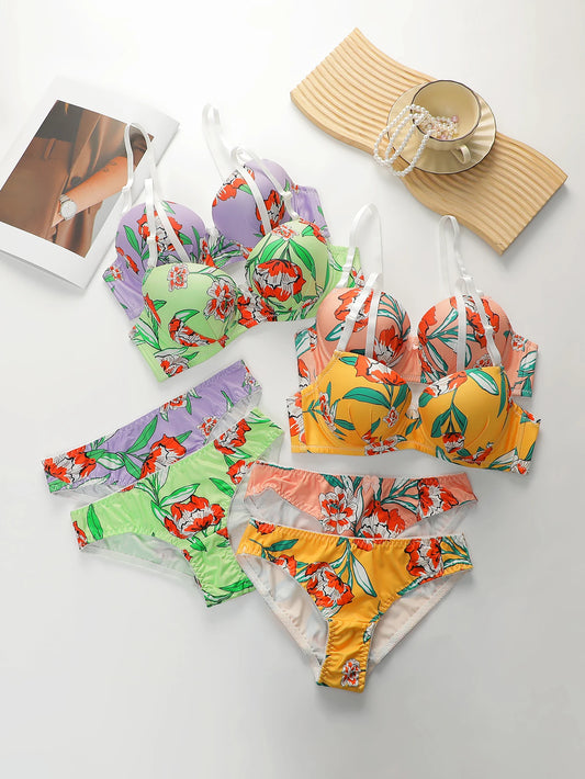 Hot Selling High-quality Multi-color Lingerie 2-piece set For Women's Underwear Beautiful Flower Print Push Up Bra Set A2138