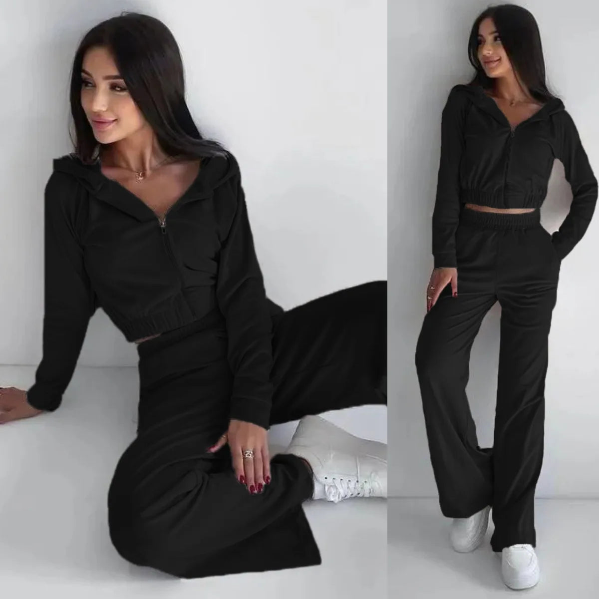 Women's Autumn/Winter Casual Long-sleeved Hoodie Sports Suit Solid Color Zipper Short Jacket Belted Tracksuit Lady Two-piece Set