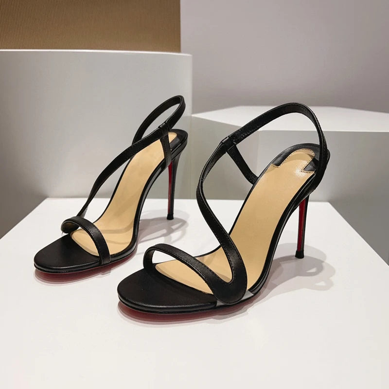 Eye-catching Women's Rosalie Leather Sandals Simple and Refined100mm Party Shoes with Black Calfskin Strap Around The Foot Along