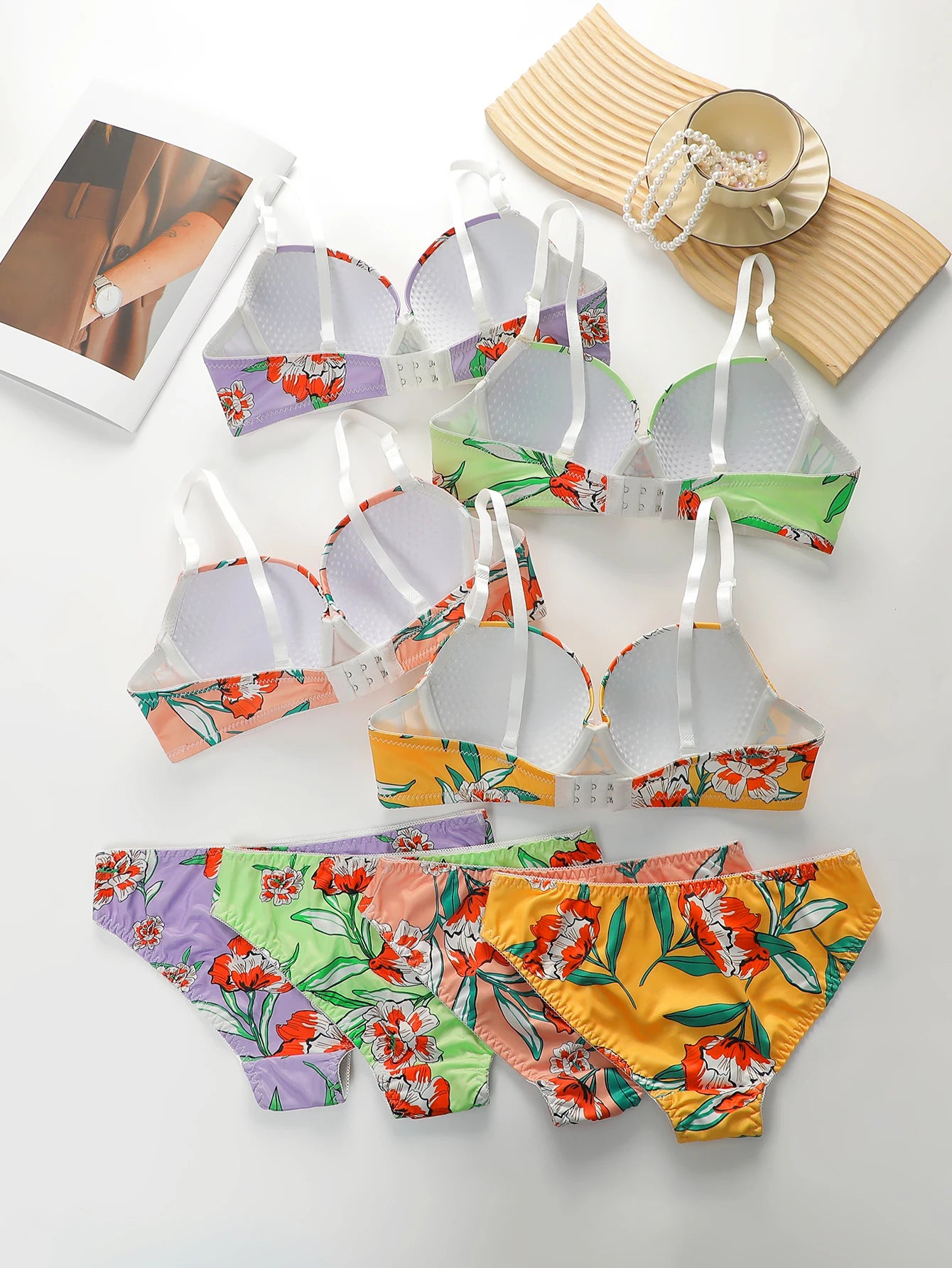 Hot Selling High-quality Multi-color Lingerie 2-piece set For Women's Underwear Beautiful Flower Print Push Up Bra Set A2138