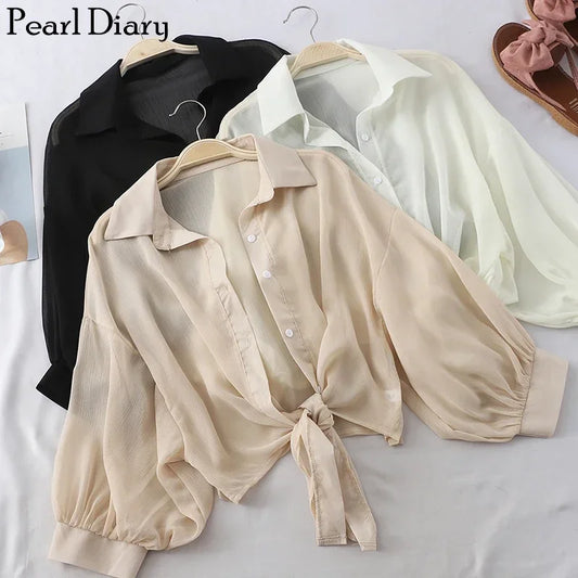 Women Crinkle Chiffon Shirts Balloon Sleeve Buttoned Up Beach Cover Up Sheer Top Front Tie Waist Elegant Beach Tops