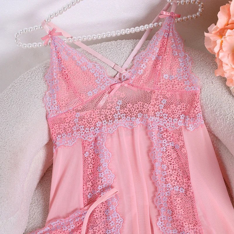 Transparent Small Print Pattern Deep V Sling Mini Dress Sexy Women's Lingerie Sleeping Skirt And Underpants Set Erotic Pajamas