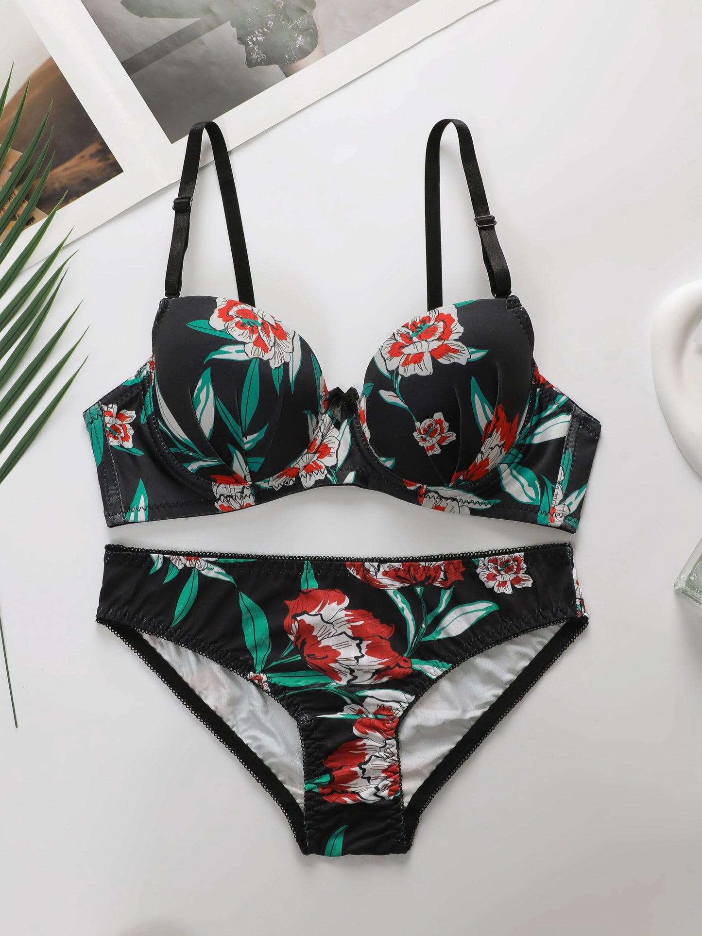 Hot Selling High-quality Multi-color Lingerie 2-piece set For Women's Underwear Beautiful Flower Print Push Up Bra Set A2138