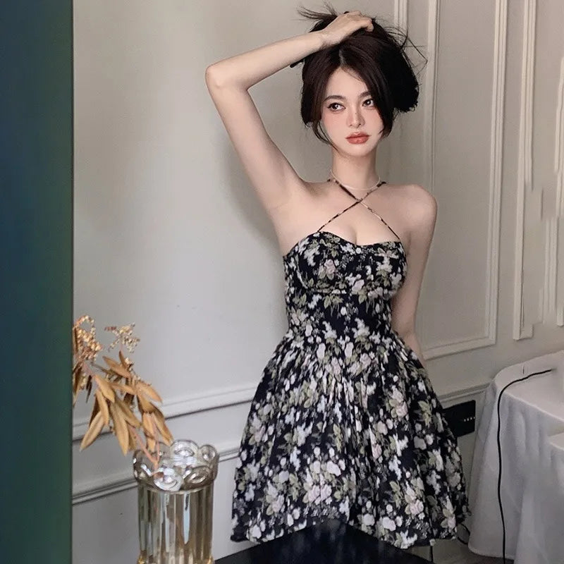 Summer Women's Dresses Fashion Vintage Bandage Printed Slip Dresses Waist Floral