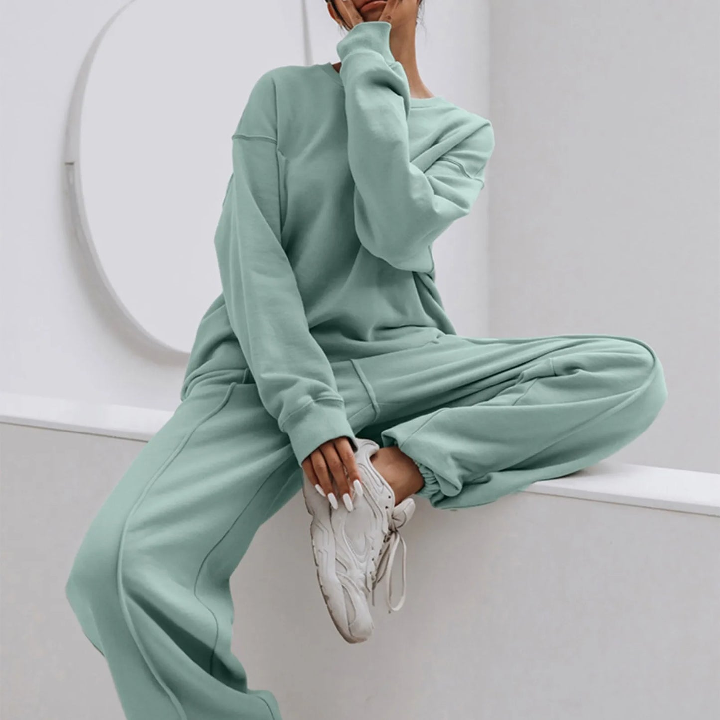 Women Two Piece Loose Sports Solid Loungewear Suits Spring Autumn O-Neck Full Sleeve Casual Ladies Sets Elastic Waist Streetwear