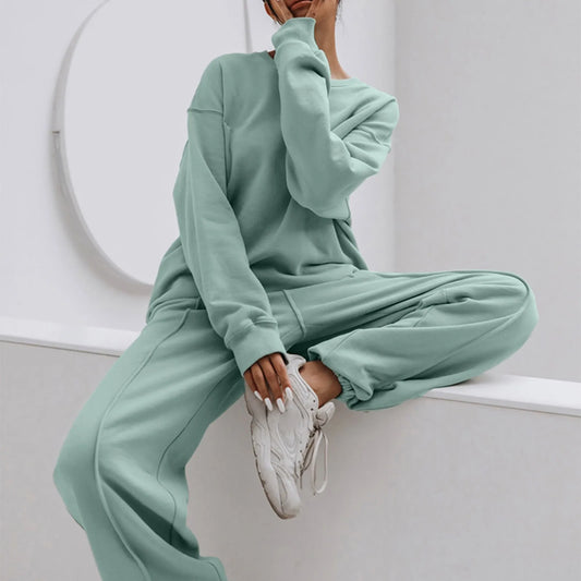 Women Two Piece Loose Sports Solid Loungewear Suits Spring Autumn O-Neck Full Sleeve Casual Ladies Sets Elastic Waist Streetwear