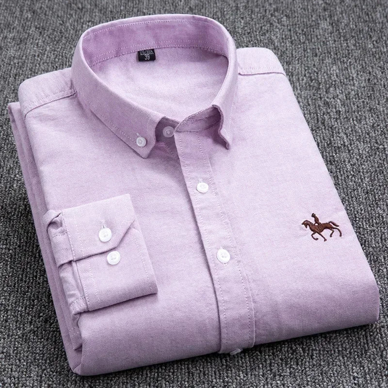 Cotton Oxford Shirt For Mens Long Sleeve Plaid Striped Casual Shirts Male Pocket Regular-Fit Button-Down Work Man Shirt S~6XL