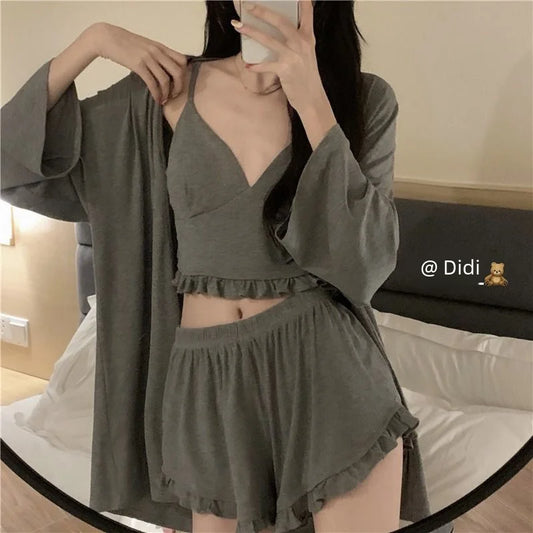 Summer Women's Cotton-like Pajama Set Chest Pad V-neck Design Casual Sweetins Style Home Clothes Three-piece Set Wholesale