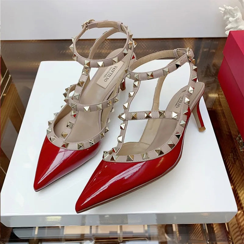 2024 Genuine Leather Rivet Fashion Classic High Heels Summer Black Slim High Heel Sandals Pointed Women's Party Wedding Pumps 41