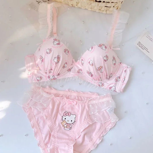 Japanese Style Girl Thin Sweet Lace Underwear without Steel Ring Small Chest Push up Show Big Anti-Saggy Bra Suit
