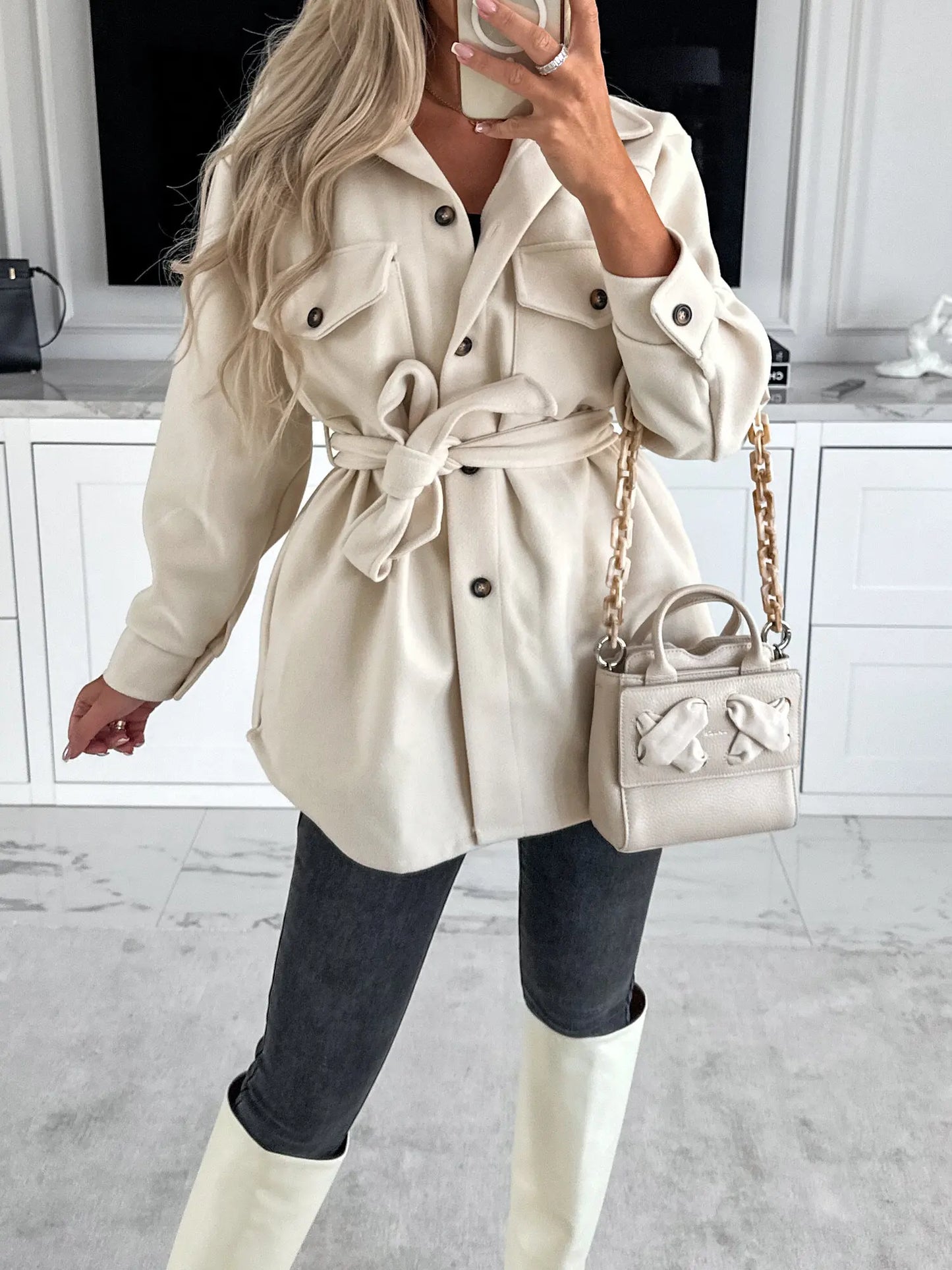 Women's Clothing Solid Color Lapel Fashionable Pocket Strap Short Jacket Women's Trench Coat