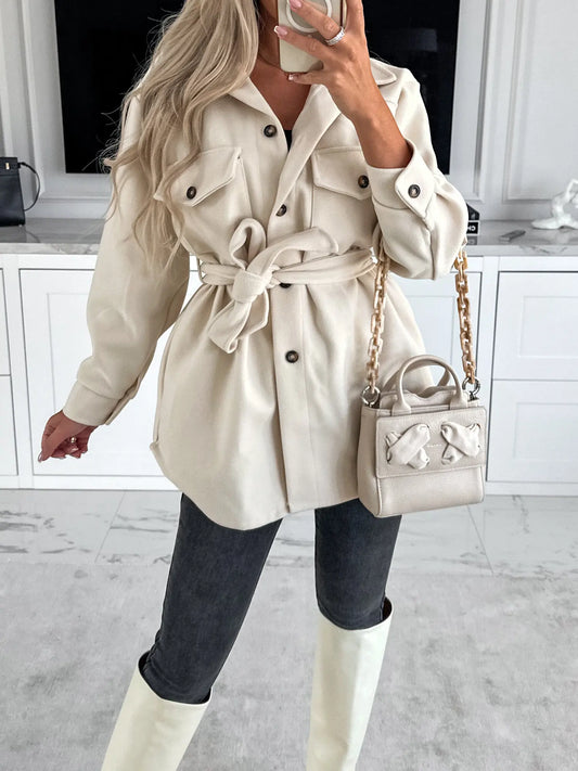 Women's Clothing Solid Color Lapel Fashionable Pocket Strap Short Jacket Women's Trench Coat
