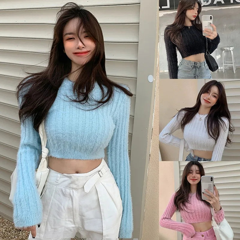Winter Women Shoulder Sweater Soft Warm Furry Sweater Pullover Round Neck Furry Top Slim-Fit Slimming Short Navel Knit Sweater