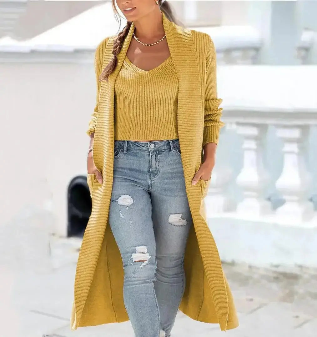 Autumn/winter Knitted Loose-fit Solid Color Sweater Vest Set Trench Coat 2-piece Set Casual Elegant Style Knitwear Suit