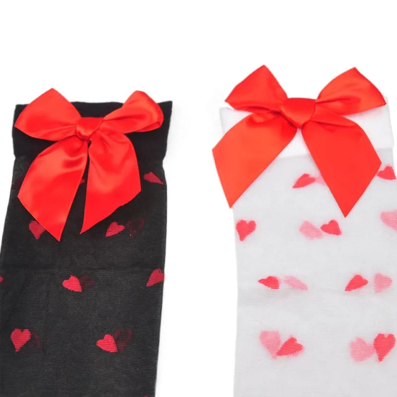 summer women girls cute stocking sexy over knee socks red sweet heart thigh high sheer pantyhose bowknot hot Lingerie