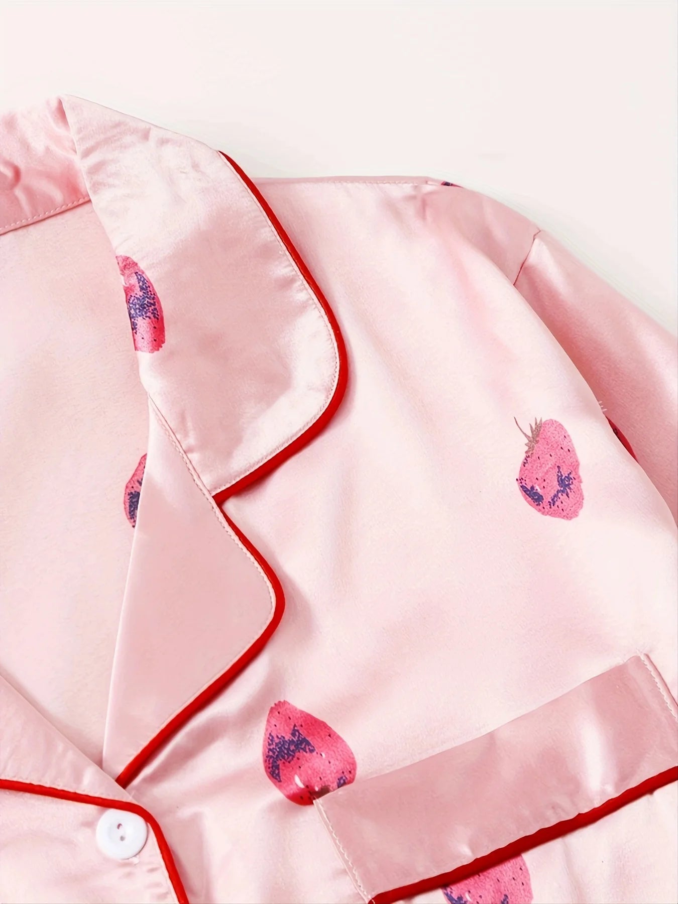 Strawberry Pattern Satin Long Sleeve Tops & Pants Pajama Set For Valentine's Gifts