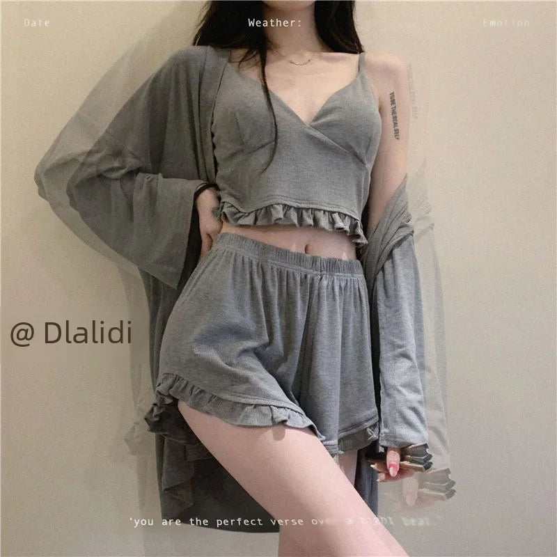 Summer Women's Cotton-like Pajama Set Chest Pad V-neck Design Casual Sweetins Style Home Clothes Three-piece Set Wholesale
