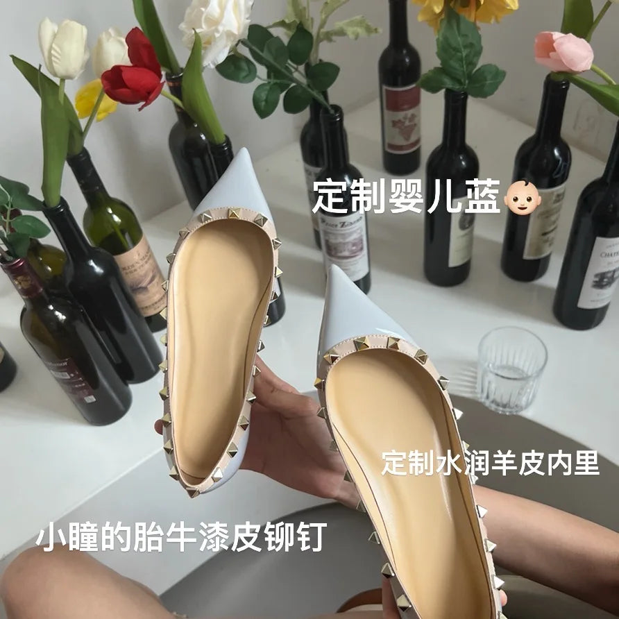 Luxury Brand Rivet Midsole Heel Shoes Leather Pointed Shallow Cut Flat Bottom Women's Shoes Versatile Fashion Women's Pumps