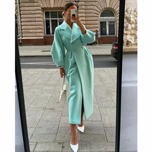 Solid Color Office Lady Jacket Outerwear Button Blazer Fashion Womens Long Lantern Sleeve Lapel Woolen Blend Long Trench Coats