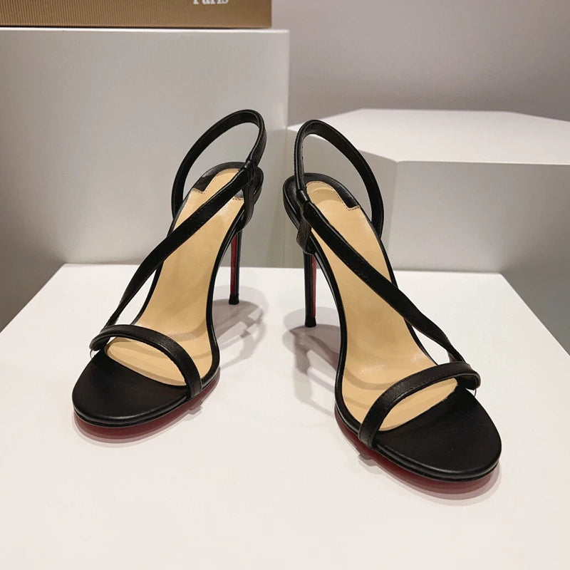 Eye-catching Women's Rosalie Leather Sandals Simple and Refined100mm Party Shoes with Black Calfskin Strap Around The Foot Along