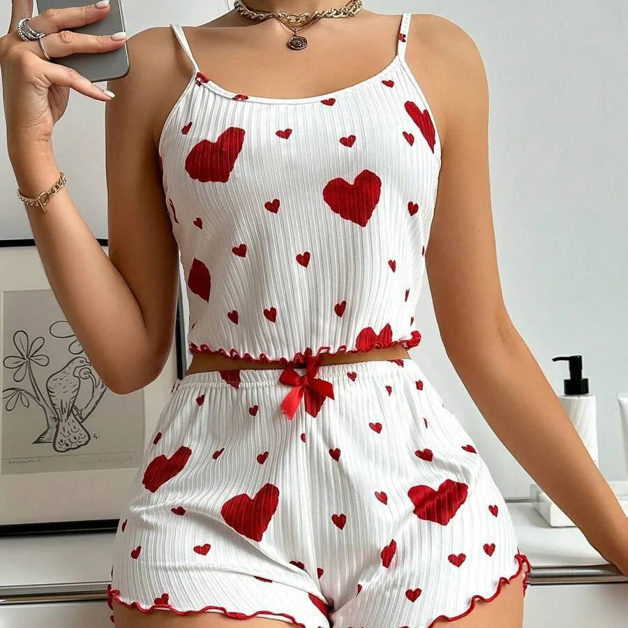 Women's Pajamas Set Cami Trousers Sleepwear suit Sleeveless Sexy Top Heart Print Pyjama Loungewear Outwear Summer Lingerie