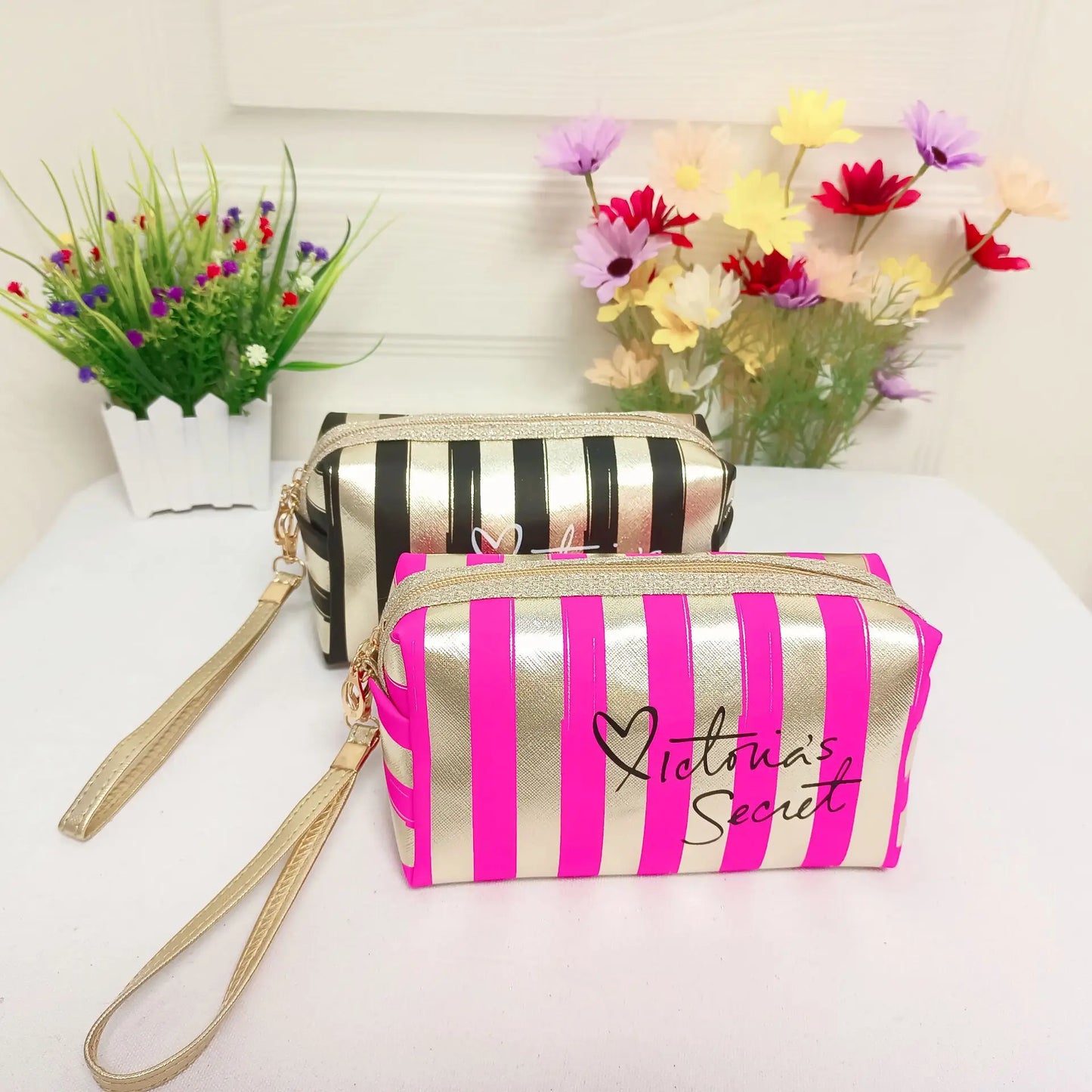 Portable Stripe Makeup Bag Small High Beauty Handheld Bag Mini Portable Cosmetic Storage Bag Waterproof Women's Bag