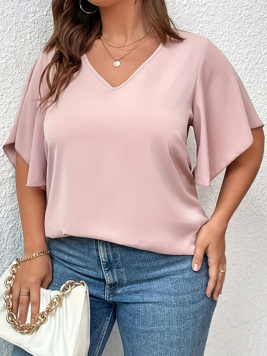 New Summer Plus Size 1XL-5XL Women's T-shirt Solid Color V Neck Bell Sleeve Blouse Slight Stretch Casual Pullovers Shirt Top