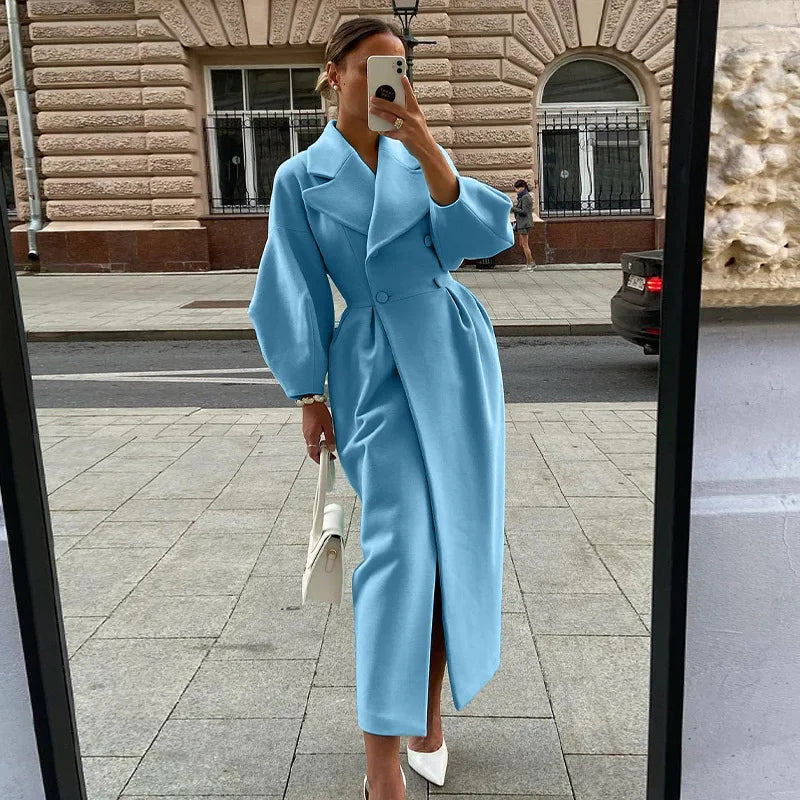 Solid Color Office Lady Jacket Outerwear Button Blazer Fashion Womens Long Lantern Sleeve Lapel Woolen Blend Long Trench Coats