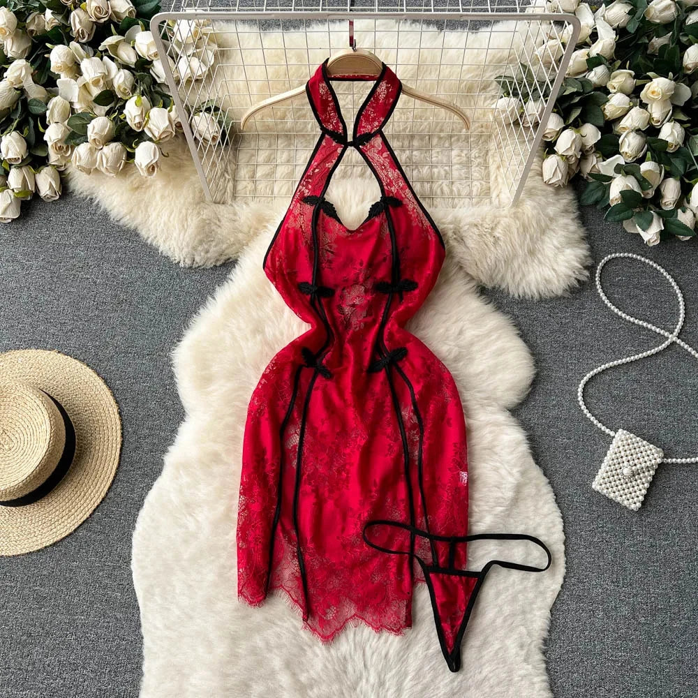 Women Night Dress Sleeveless Backless Porno Pajamas Floral Lace Erotic Nightwears+Thongs Satin Sexy Short Transparent Dresses