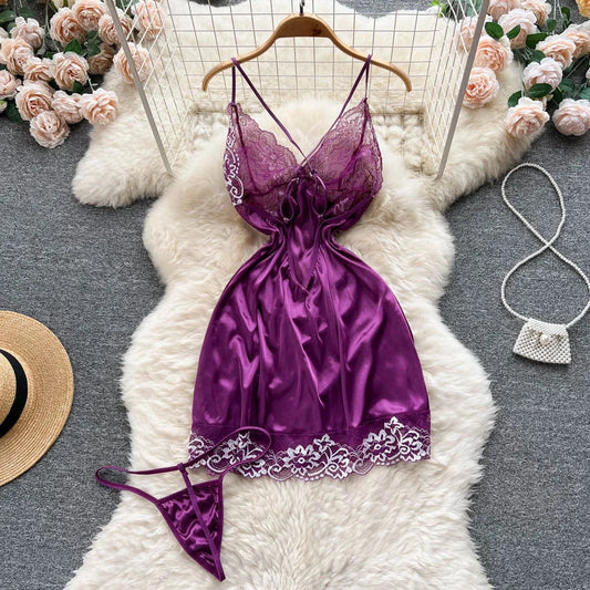 Women Night Dress Sleeveless Backless Porno Pajamas Floral Lace Erotic Nightwears+Thongs Satin Sexy Short Transparent Dresses