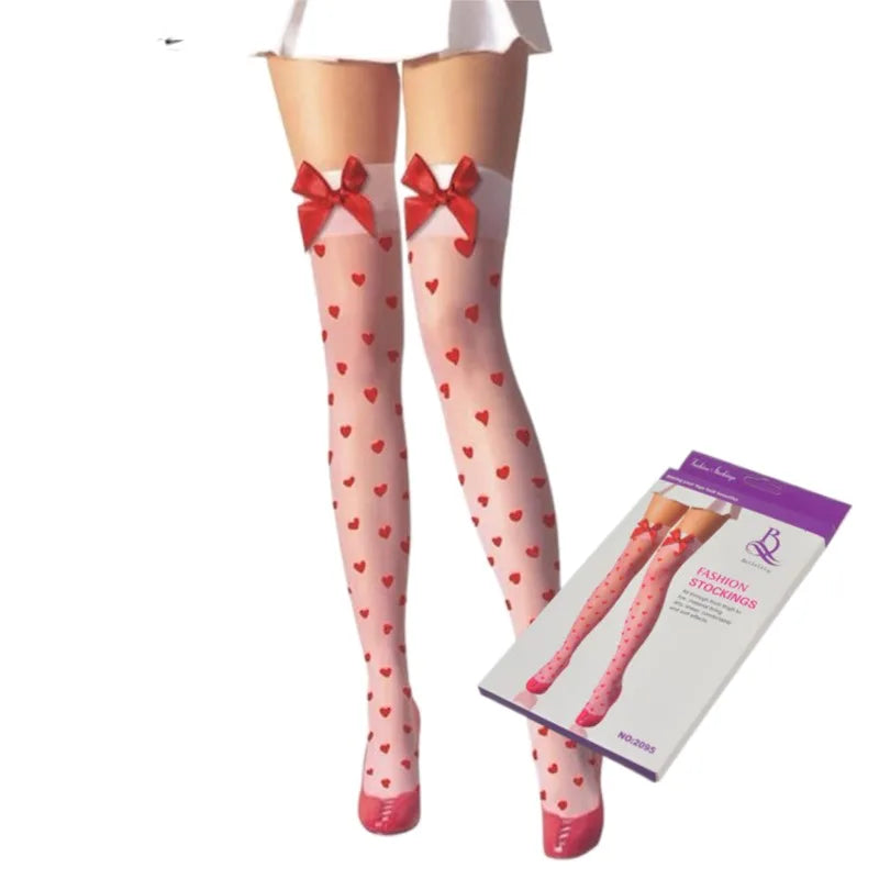 summer women girls cute stocking sexy over knee socks red sweet heart thigh high sheer pantyhose bowknot hot Lingerie
