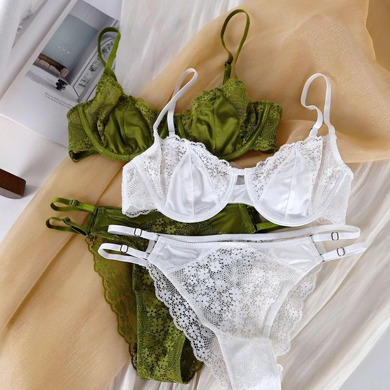 French Sexy Ultra-thin Lace Underwear Set Large Chest Appears Small Anti-sagging Girl Bralette Comfortable Polypropylene Fabric