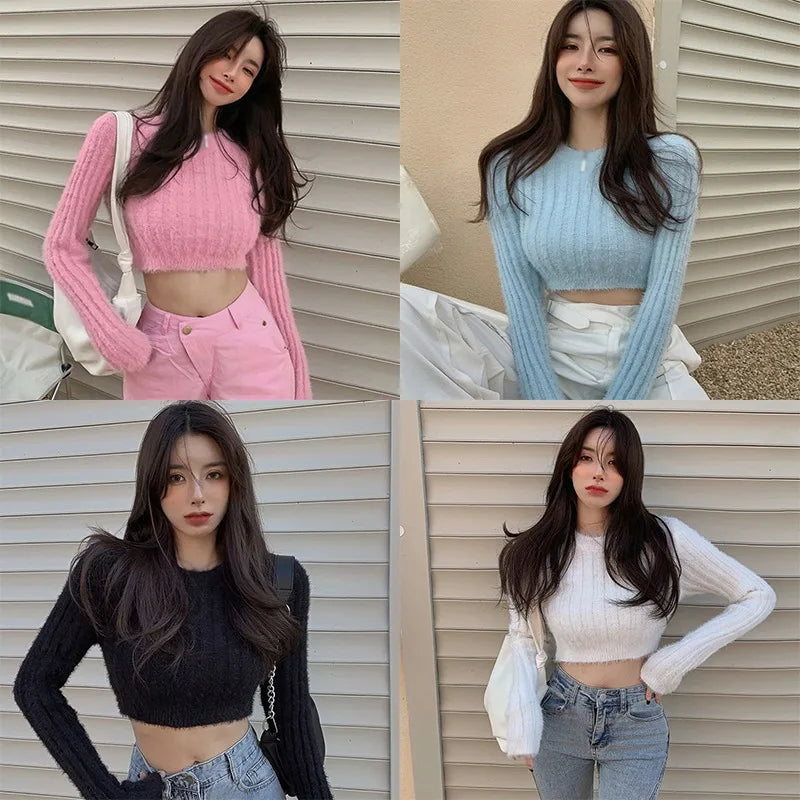 Winter Women Shoulder Sweater Soft Warm Furry Sweater Pullover Round Neck Furry Top Slim-Fit Slimming Short Navel Knit Sweater