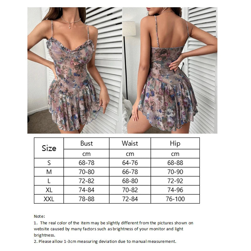Women's Sexy Floral Nightdress Set Printed Lingerie Pajamas Suit Low-cut Erotic Slip Dress Female Babydoll Costumes Free Thong