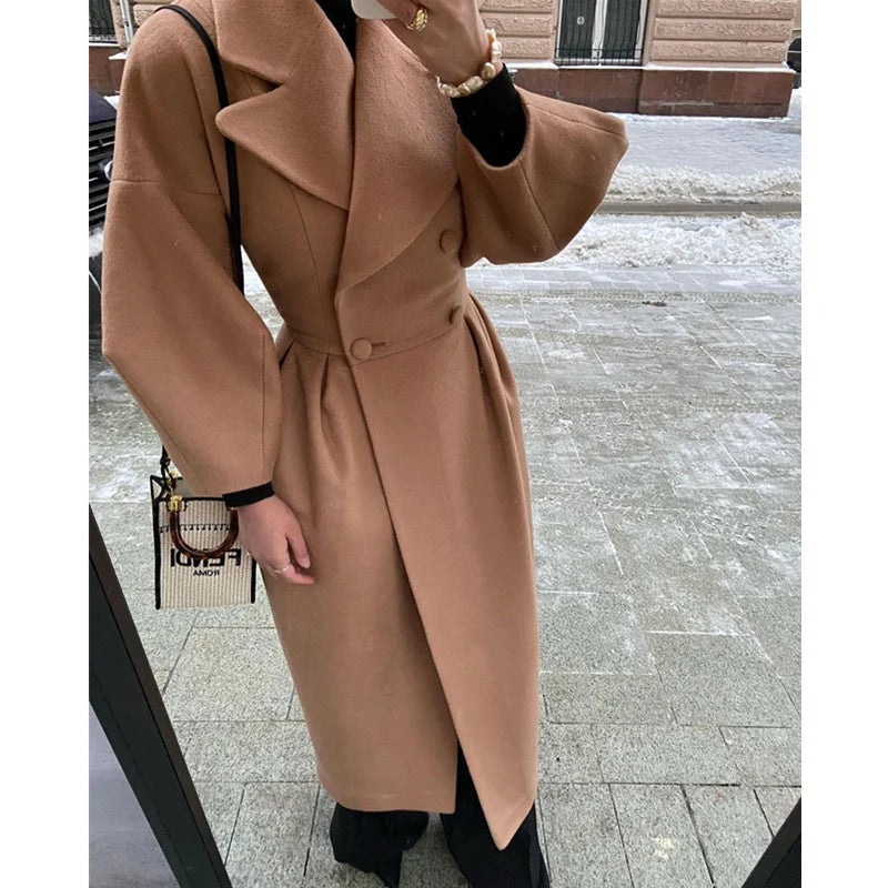 Solid Color Office Lady Jacket Outerwear Button Blazer Fashion Womens Long Lantern Sleeve Lapel Woolen Blend Long Trench Coats