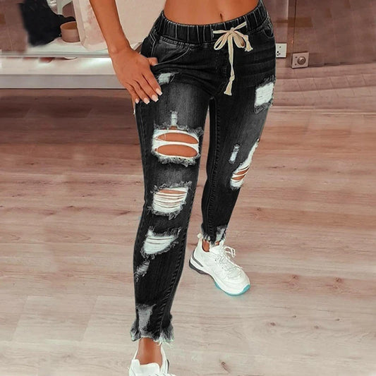 Fashion Women Ripped Jeans New Drawstring Sweet Wear Hole Denim Pants Summer Skinny Casual Pencil Pants Elastic Waist Trousers
