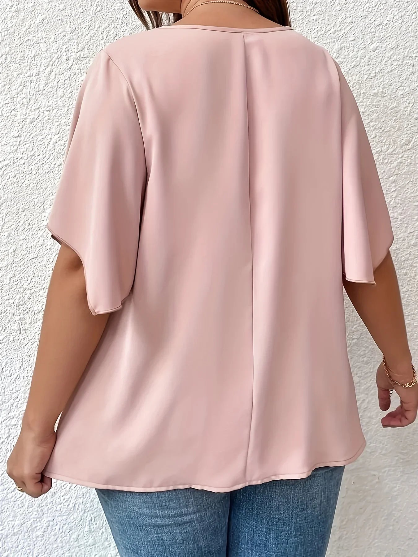 New Summer Plus Size 1XL-5XL Women's T-shirt Solid Color V Neck Bell Sleeve Blouse Slight Stretch Casual Pullovers Shirt Top