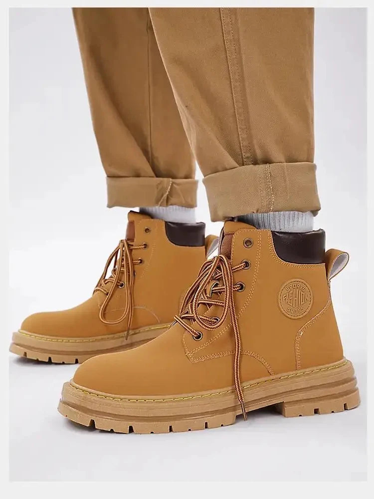 Men Retro Work Shoes Autumn Winter Thick Bottom High Top Non Slip Warm Casual Boots Leather Lace-up Big Head Tooling Boots 2023