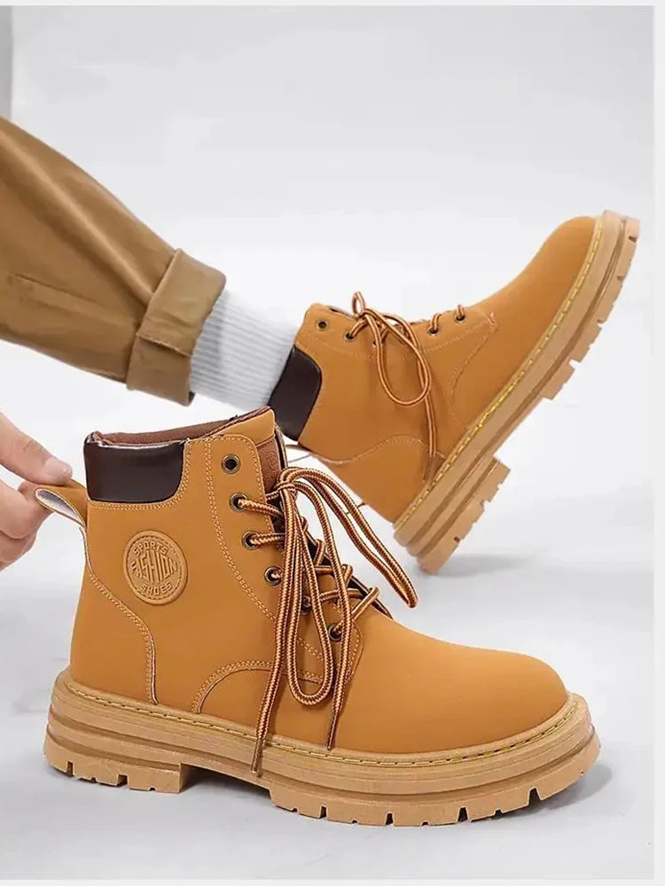 Men Retro Work Shoes Autumn Winter Thick Bottom High Top Non Slip Warm Casual Boots Leather Lace-up Big Head Tooling Boots 2023
