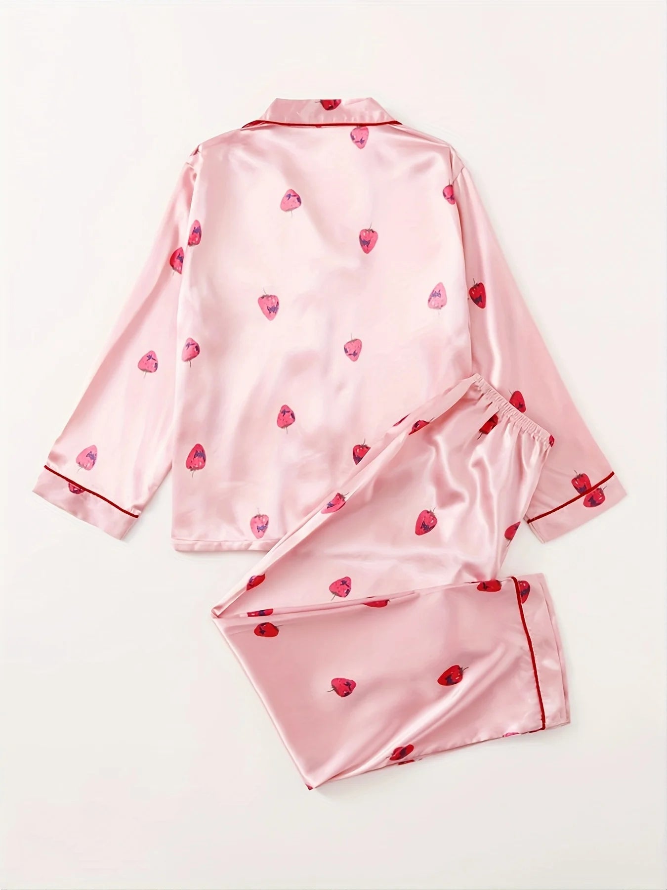 Strawberry Pattern Satin Long Sleeve Tops & Pants Pajama Set For Valentine's Gifts