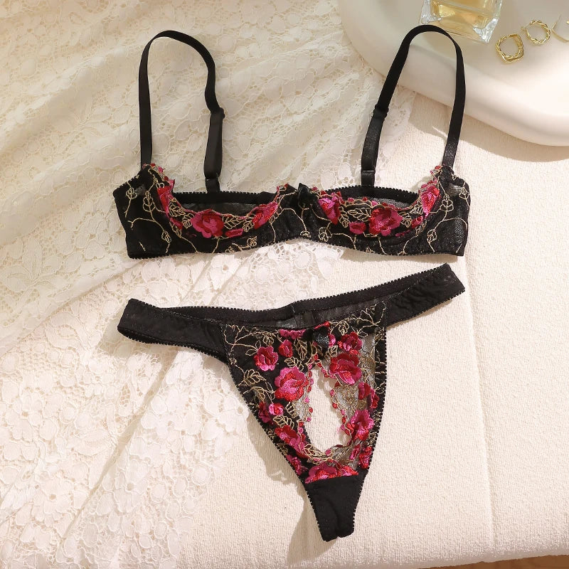 Sexy Lingerie Woman Underwear Fairy Lace Embroidery Cupless Bra Brief Sets Delicate Bra Kit Push Up Breves Sets Thin Erotic Bras